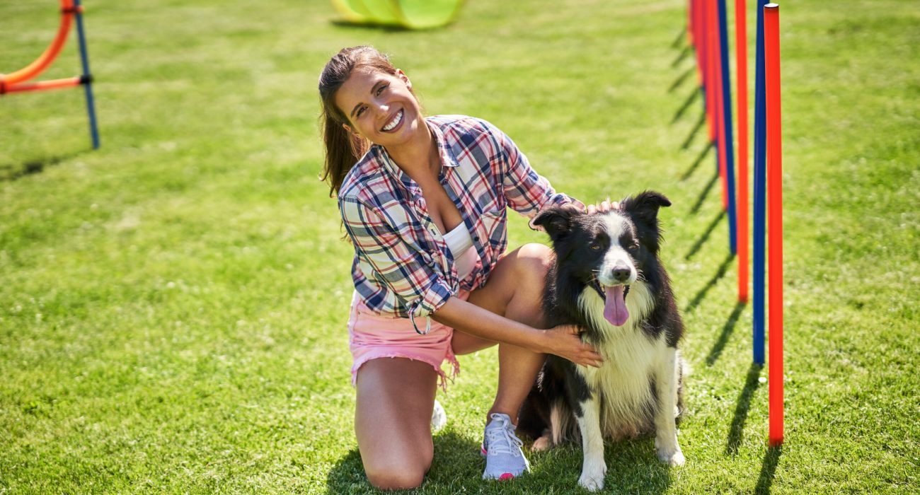 Picture of border collie dog and a woman on an agility field